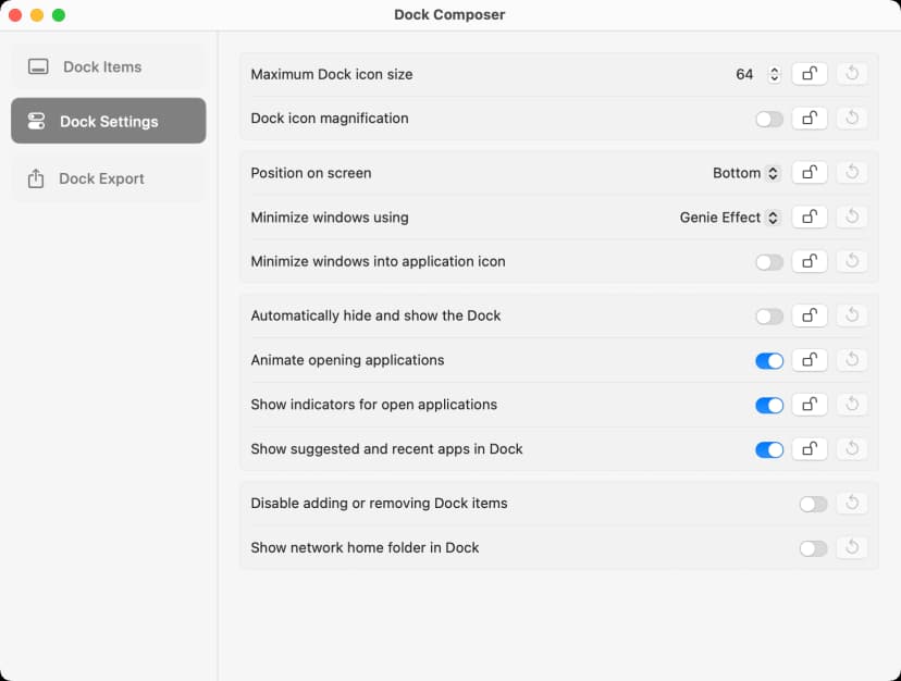Dock Composer Settings Panel - Size, position and behavior controls