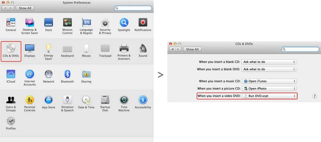 System Preferences DVDs & CDs pane
